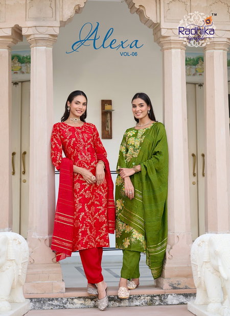 Alexa Vol 6 By Radhika Vertican Silk Foil Printed Kurti With Pant Dupatta Wholesale In India
